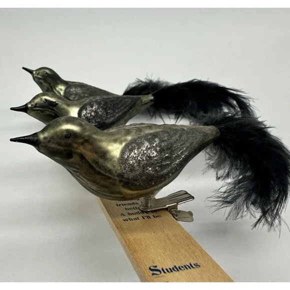 3 Blown Glass Bird Clip On Ornaments Feather Tails Gold & Black Glitter Vintage - Picture 5 of 16